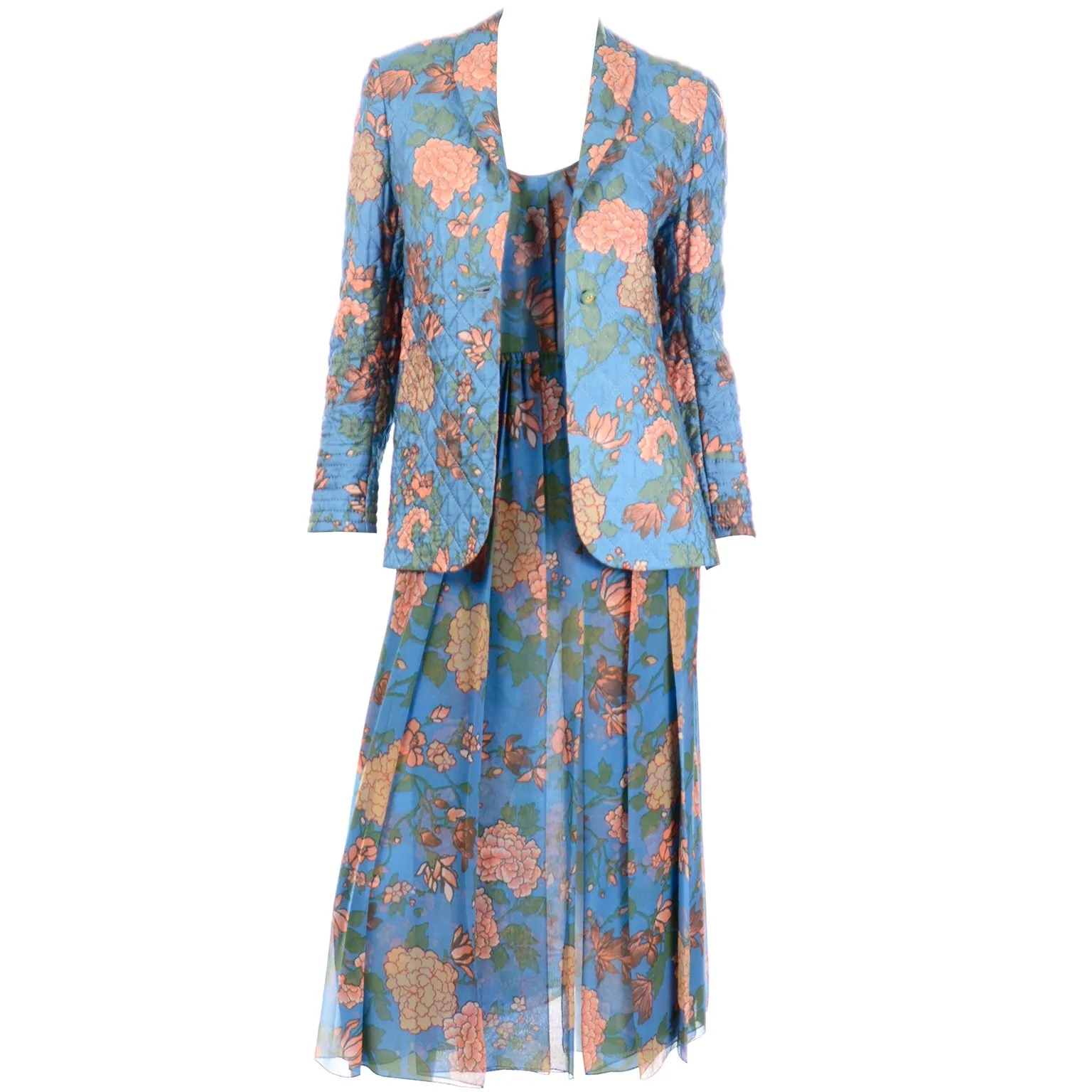 1970s Galanos Numbered Blue Floral Silk Chiffon 2pc Dress & Quilted jacket