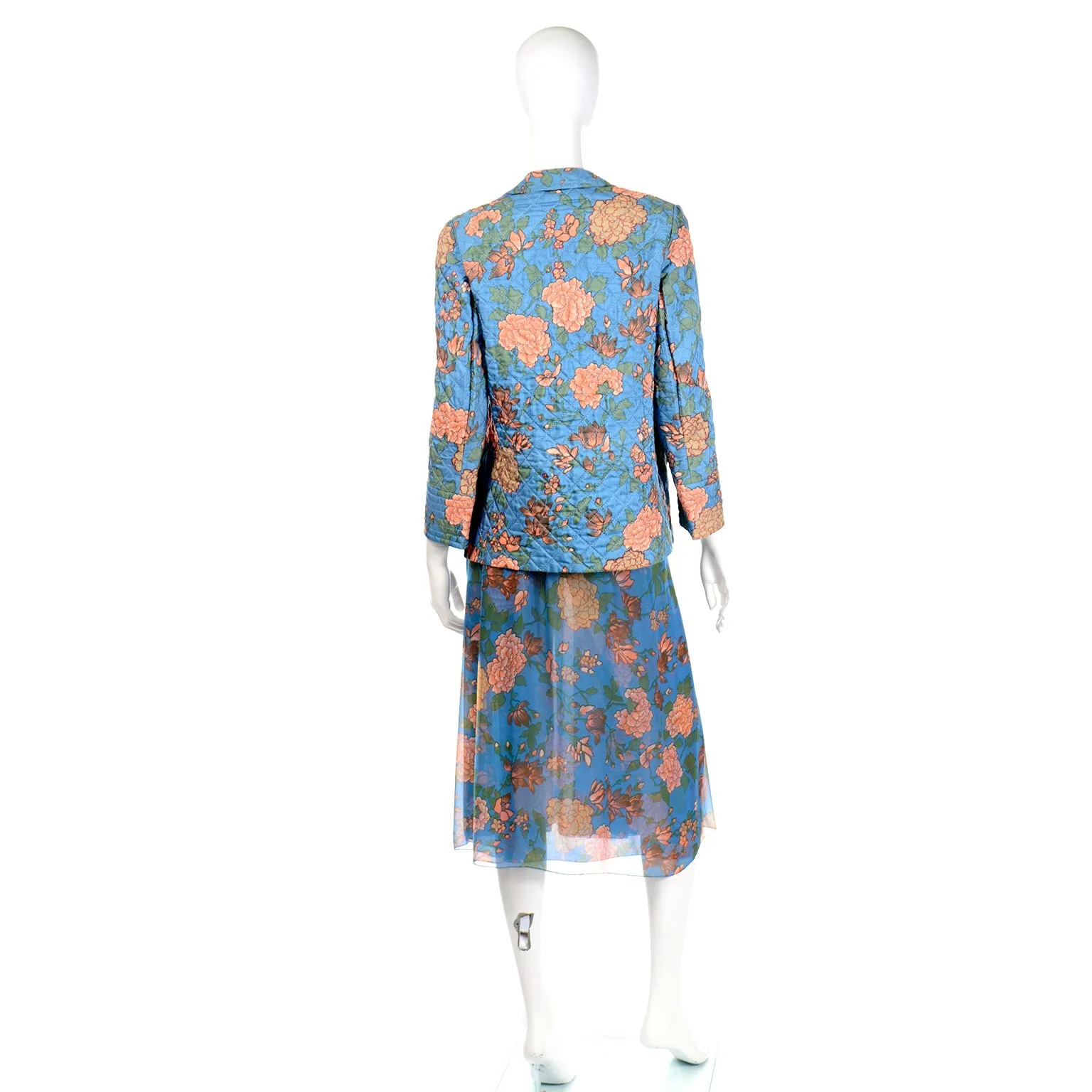 1970s Galanos Numbered Blue Floral Silk Chiffon 2pc Dress & Quilted jacket