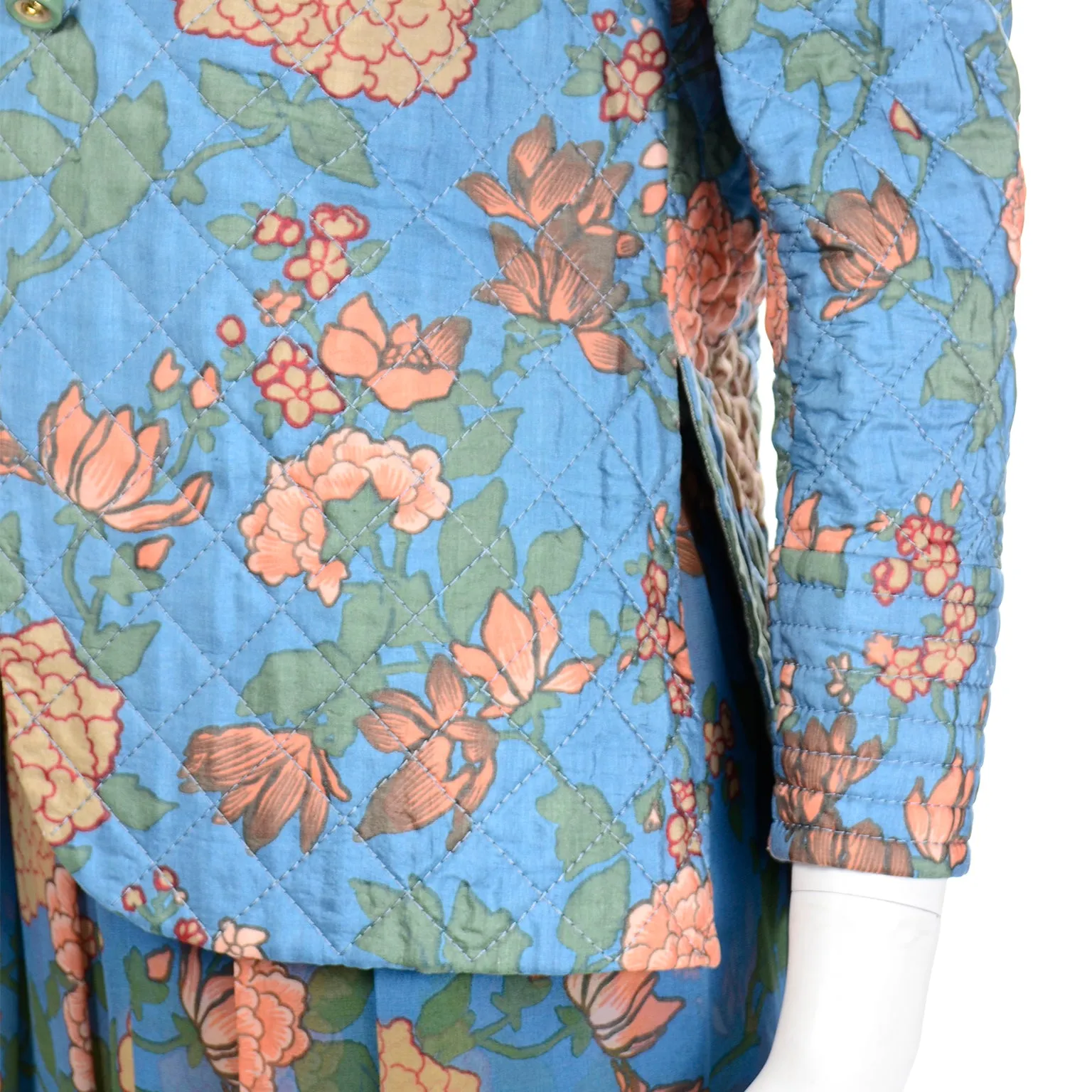 1970s Galanos Numbered Blue Floral Silk Chiffon 2pc Dress & Quilted jacket