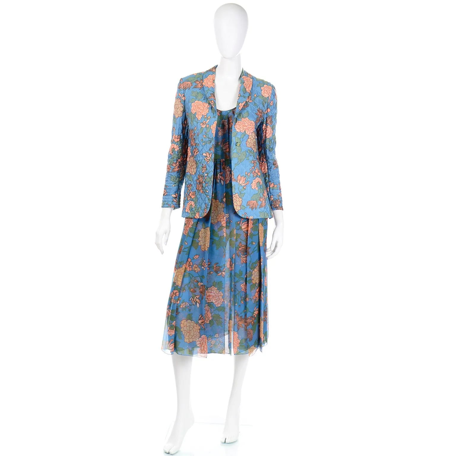 1970s Galanos Numbered Blue Floral Silk Chiffon 2pc Dress & Quilted jacket