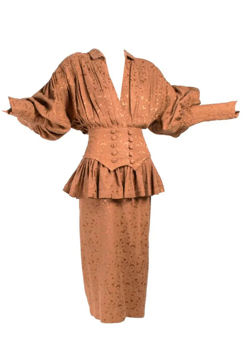 1980s Norma Kamali Victorian Style Skirt & Jacket Suit in Copper Jacquard