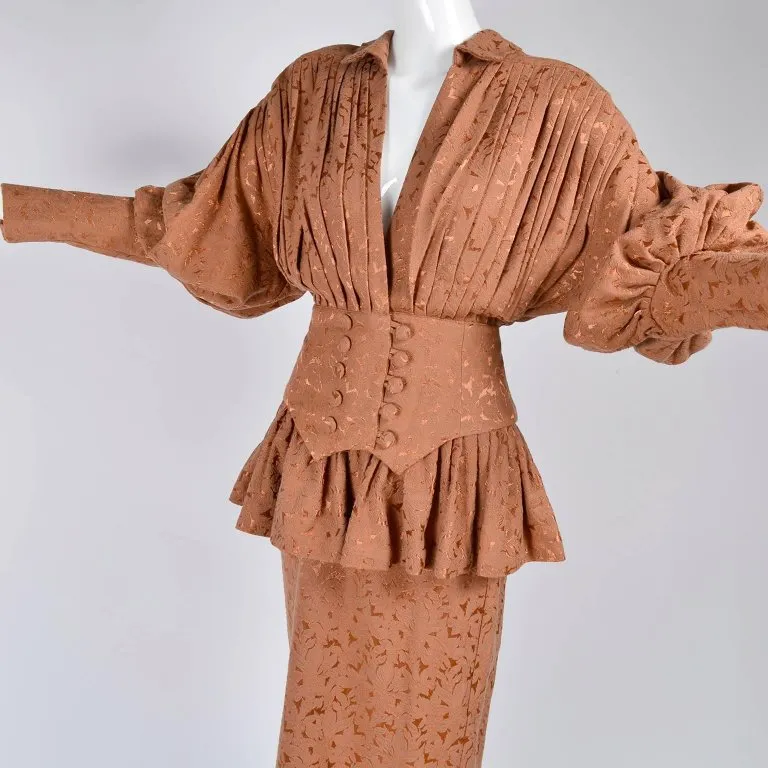 1980s Norma Kamali Victorian Style Skirt & Jacket Suit in Copper Jacquard