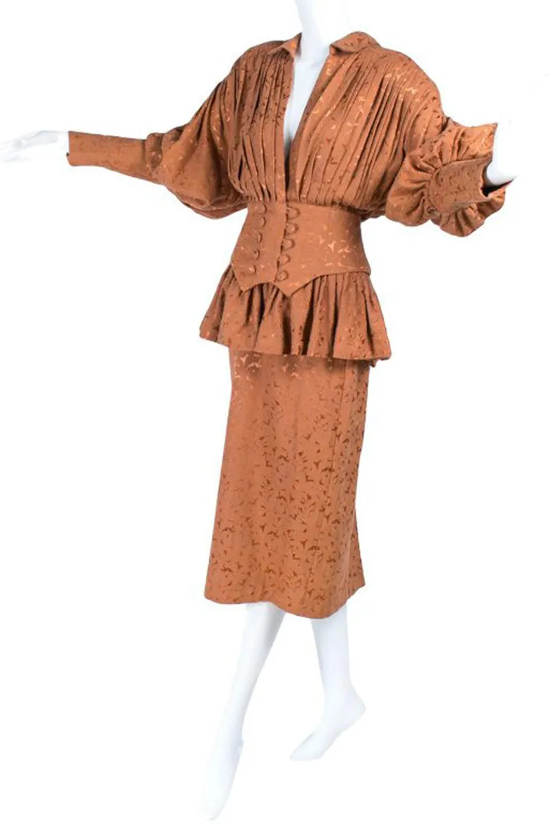 1980s Norma Kamali Victorian Style Skirt & Jacket Suit in Copper Jacquard