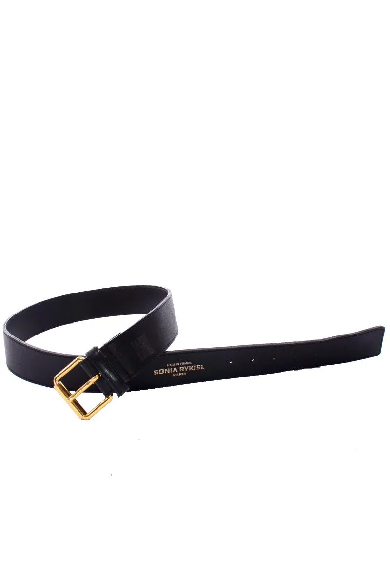 1980's Sonia Rykiel Black Leather Logo Belt