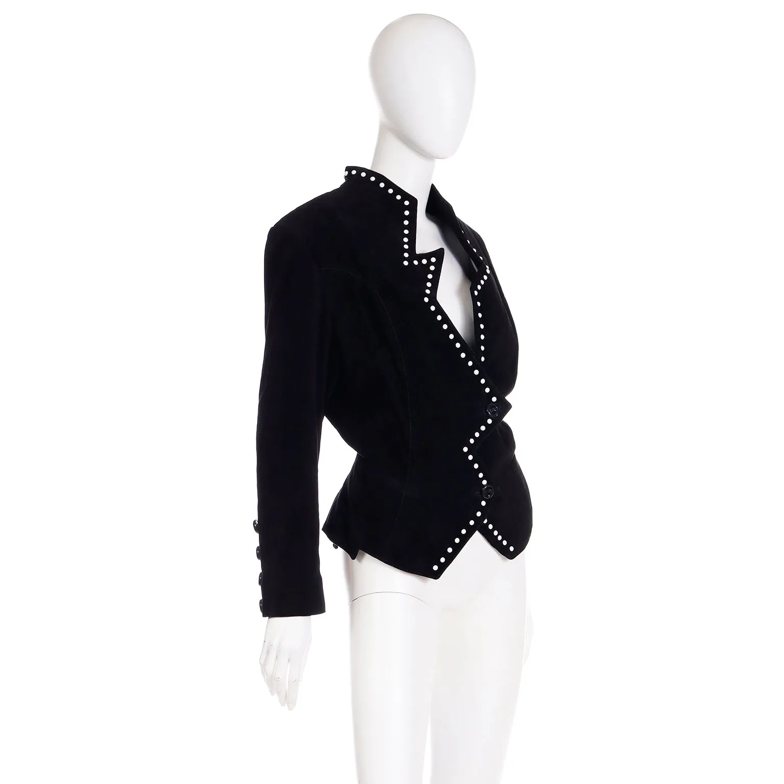 1980s Vintage Black Suede Avant Garde Zig Zag Jacket W White Studs