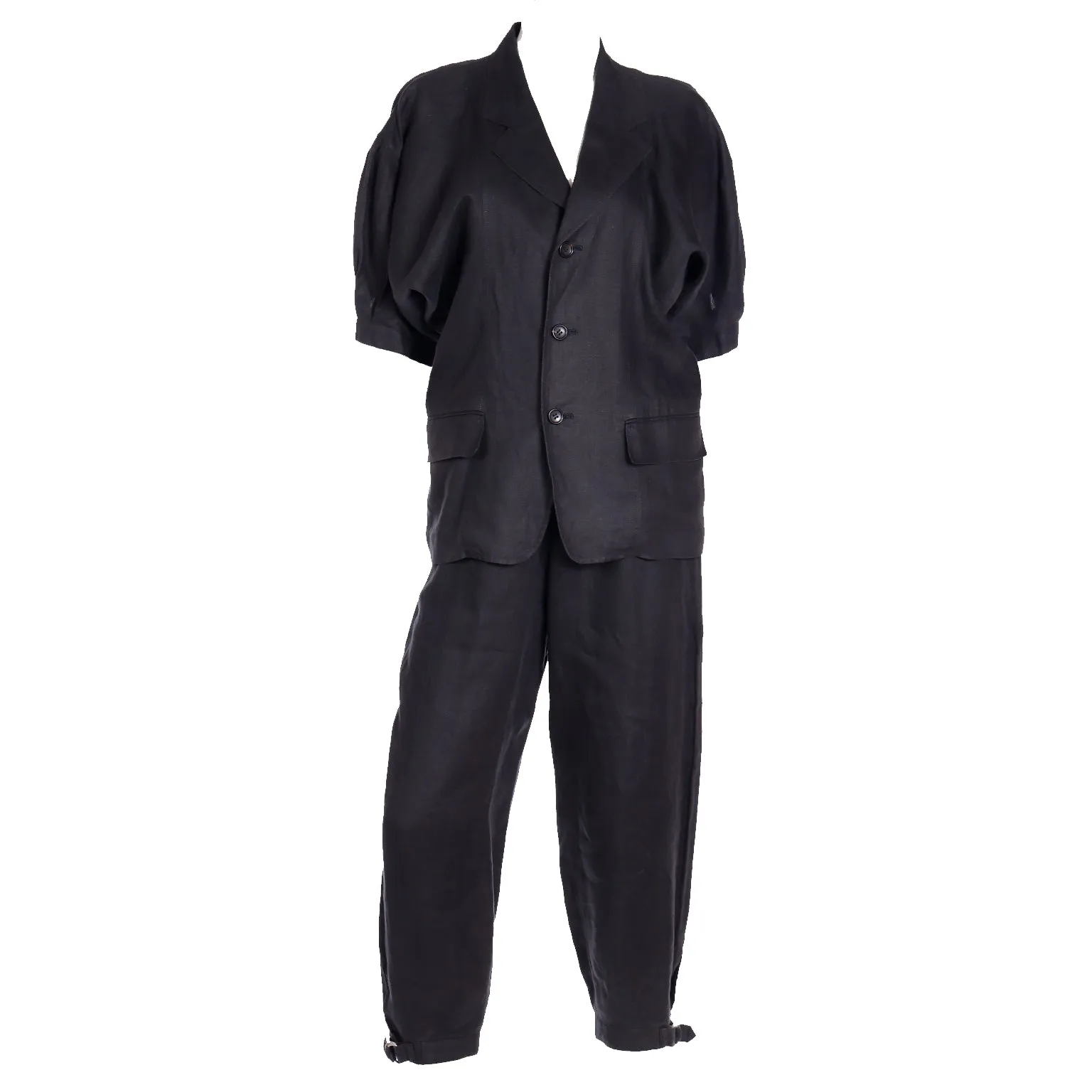 1989 Comme des Garcons 2 pc Black Linen Jacket & Pants Outfit