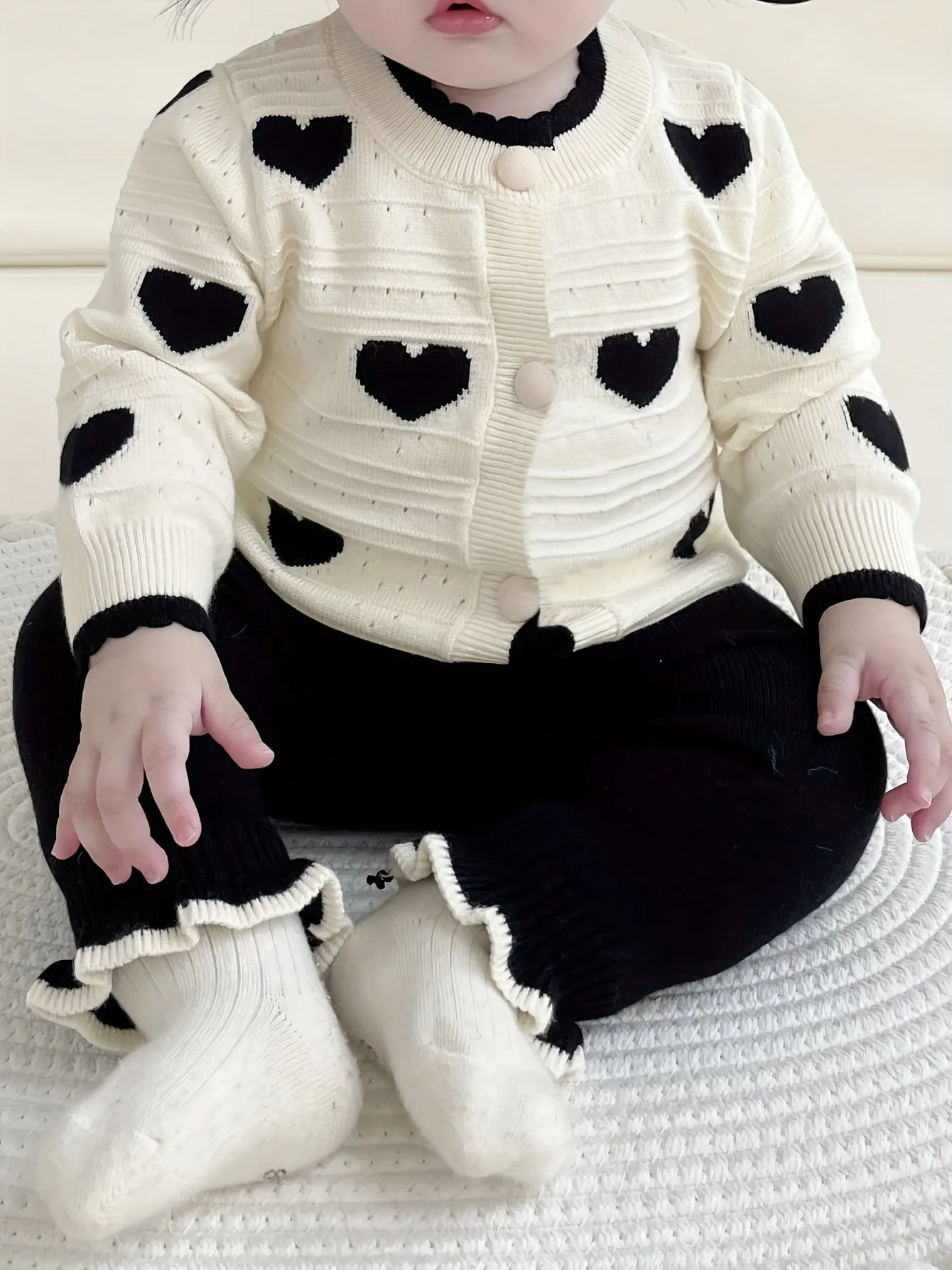 2pcs Adorable Heart Pattern Baby Girl's Sweater Cardigan Set - Soft Knitted Fabric, Casual Style, Warm Winter Fall Clothing - Toddler & Infant Girl's Outfit for Cold Weather