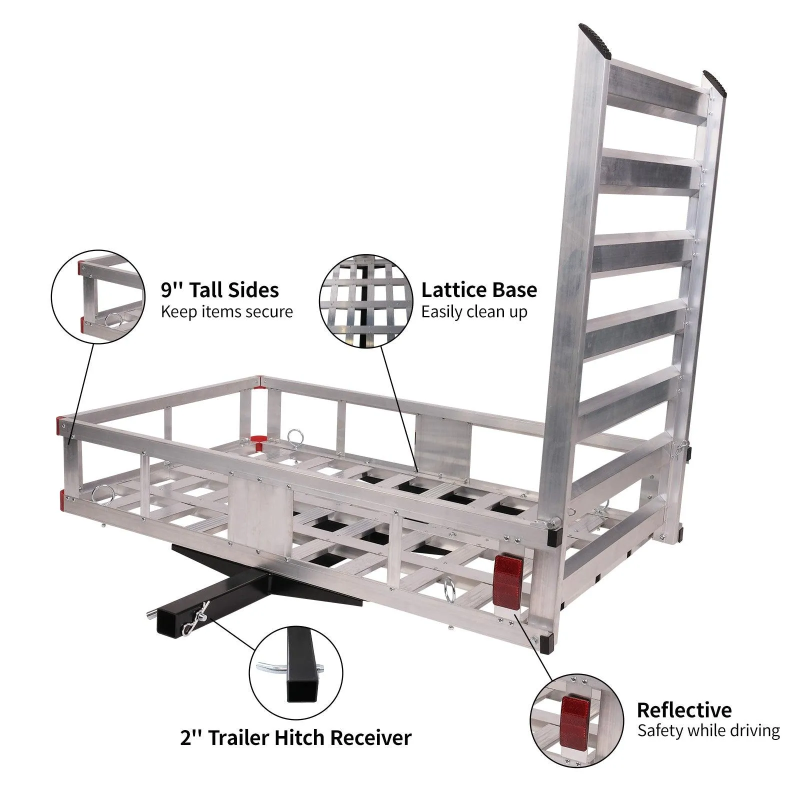 50"x 29.7" Hitch Mount Cargo Carrier Trailer Aluminum Utility Basket with 41.5" Folding Wheelchair Ramp, Silver