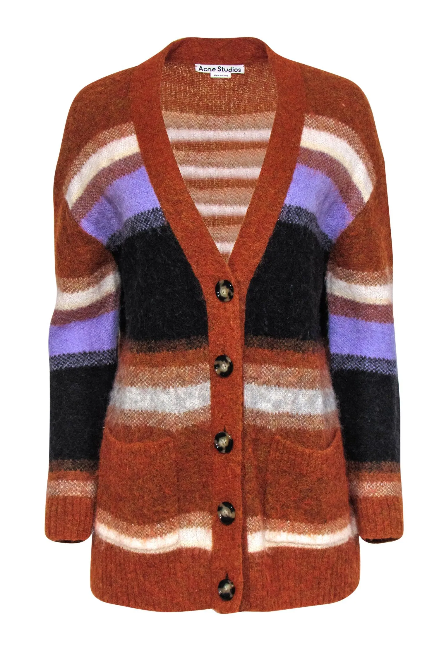 Acne Studios - Burnt Orange & Multicolor Striped Button-Up Fuzzy Cardigan Sz XXS