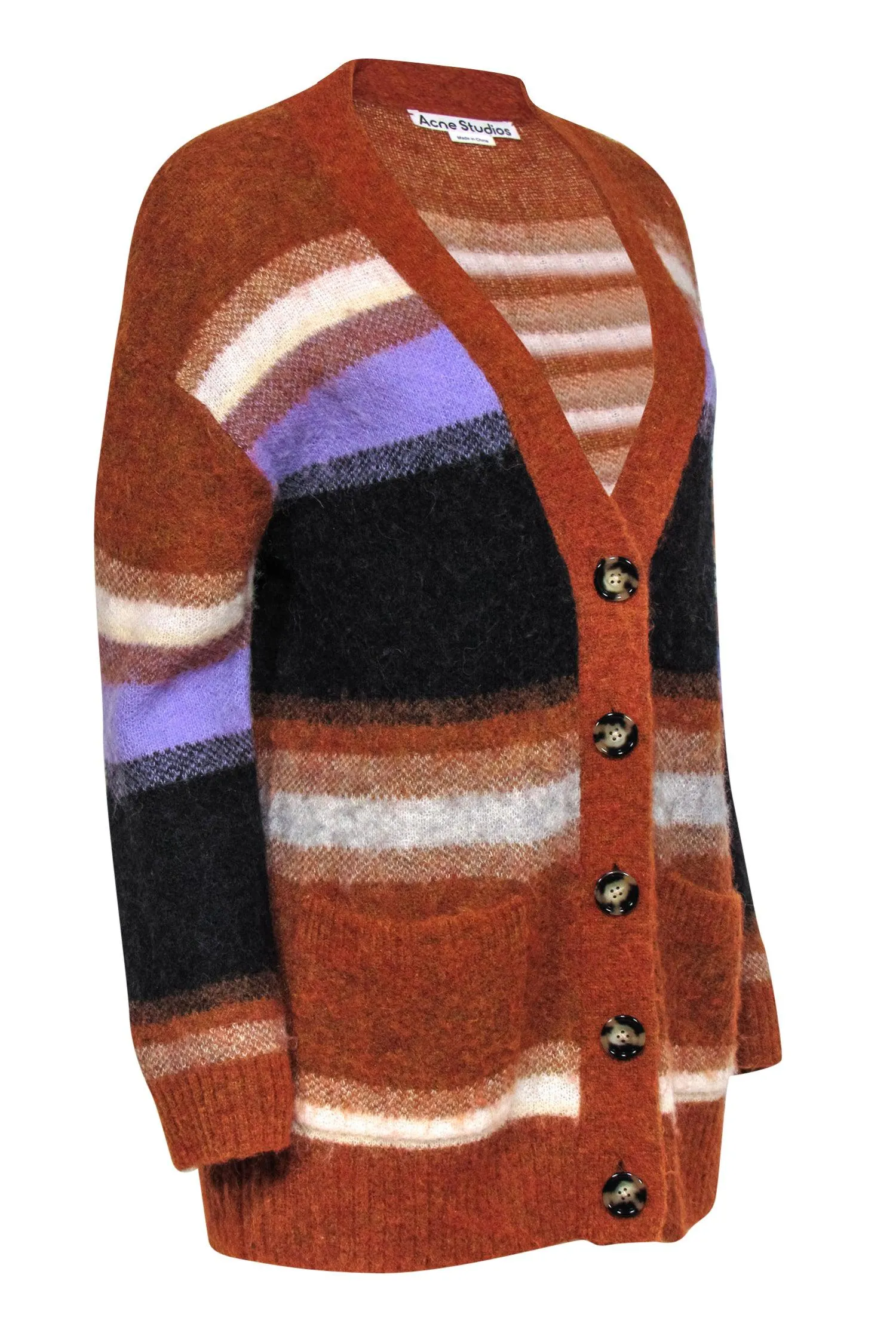 Acne Studios - Burnt Orange & Multicolor Striped Button-Up Fuzzy Cardigan Sz XXS