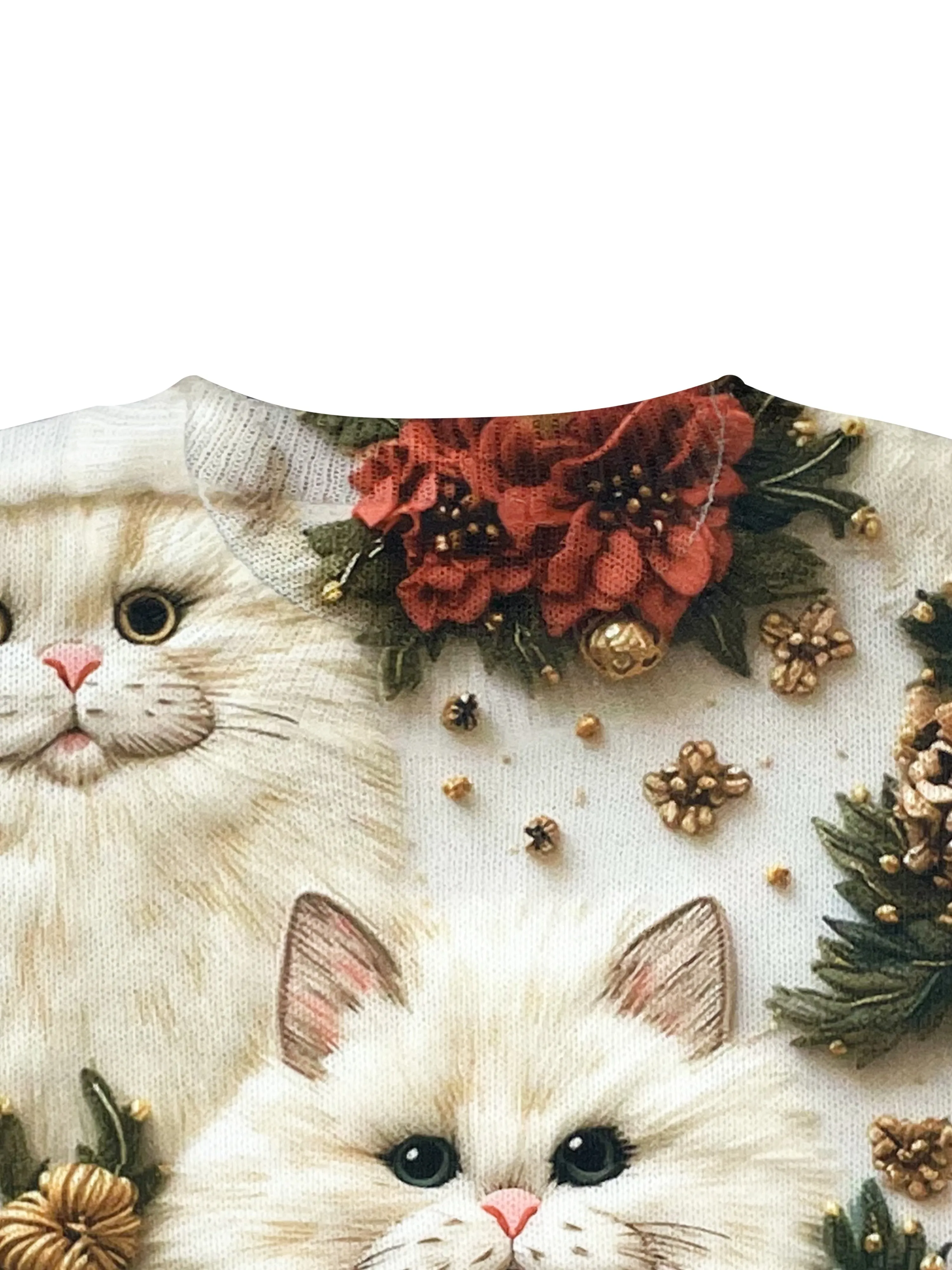 Adorable 3D Printed Feline Sweater - Pullovers - Soft Knitted Long Sleeve Round Neck Polyester Top with Vibrant Christmas Floral Pattern for All-Season Wear, Cozy and Comfortable