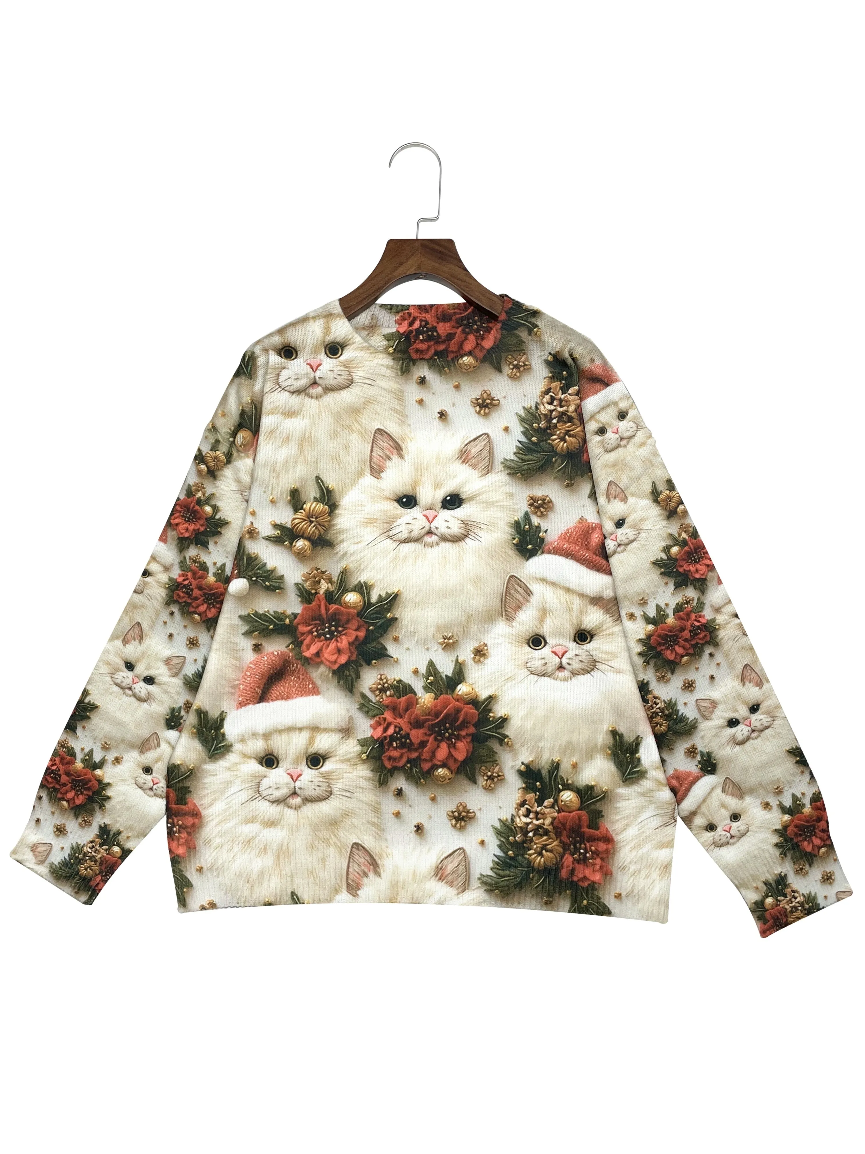 Adorable 3D Printed Feline Sweater - Pullovers - Soft Knitted Long Sleeve Round Neck Polyester Top with Vibrant Christmas Floral Pattern for All-Season Wear, Cozy and Comfortable