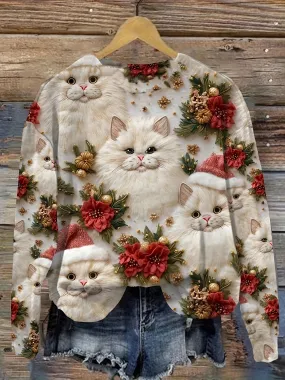 Adorable 3D Printed Feline Sweater - Pullovers - Soft Knitted Long Sleeve Round Neck Polyester Top with Vibrant Christmas Floral Pattern for All-Season Wear, Cozy and Comfortable