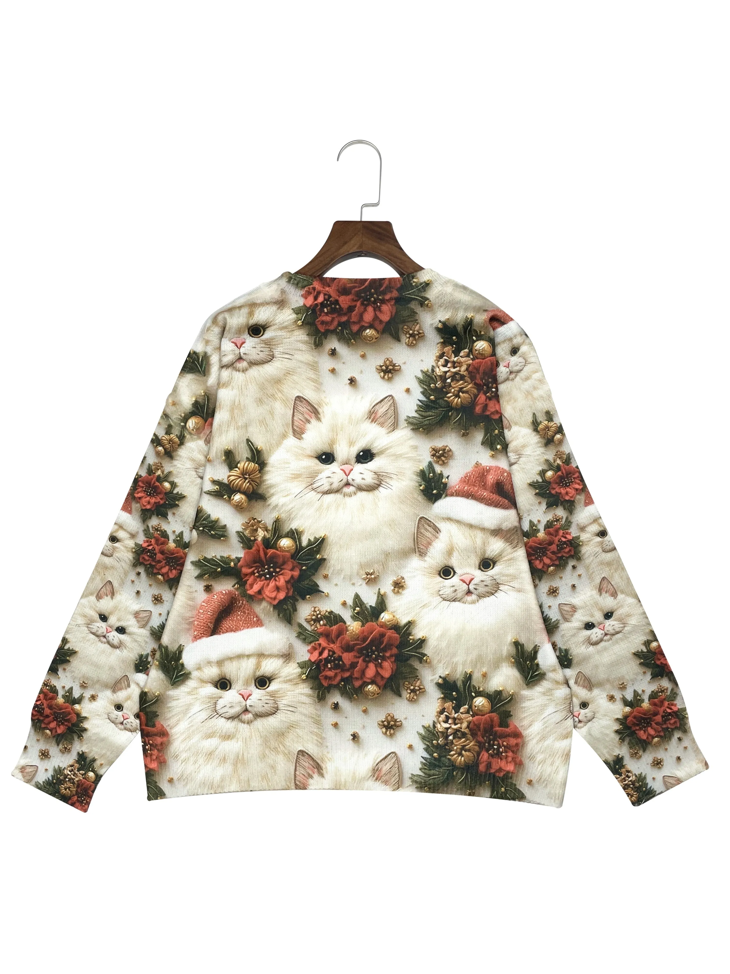 Adorable 3D Printed Feline Sweater - Pullovers - Soft Knitted Long Sleeve Round Neck Polyester Top with Vibrant Christmas Floral Pattern for All-Season Wear, Cozy and Comfortable