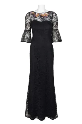 Aidan Mattox Embellished Boat Neck Circular Flounce 3/4 Sleeve Scoop Back Floral Lace Gown