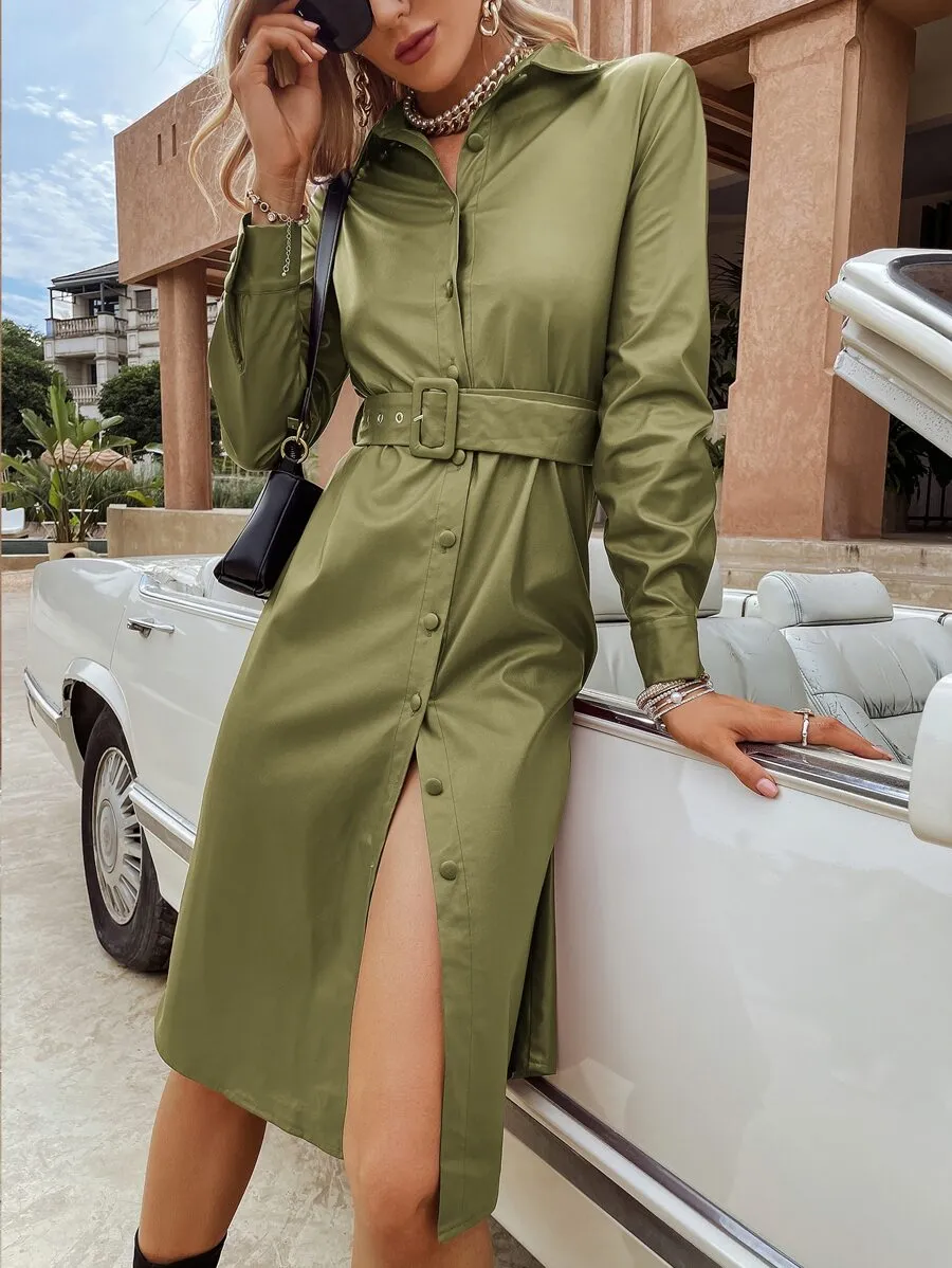 Amalfi Simplee PU Leather Button Through Buckle Belt Dress - Army Green