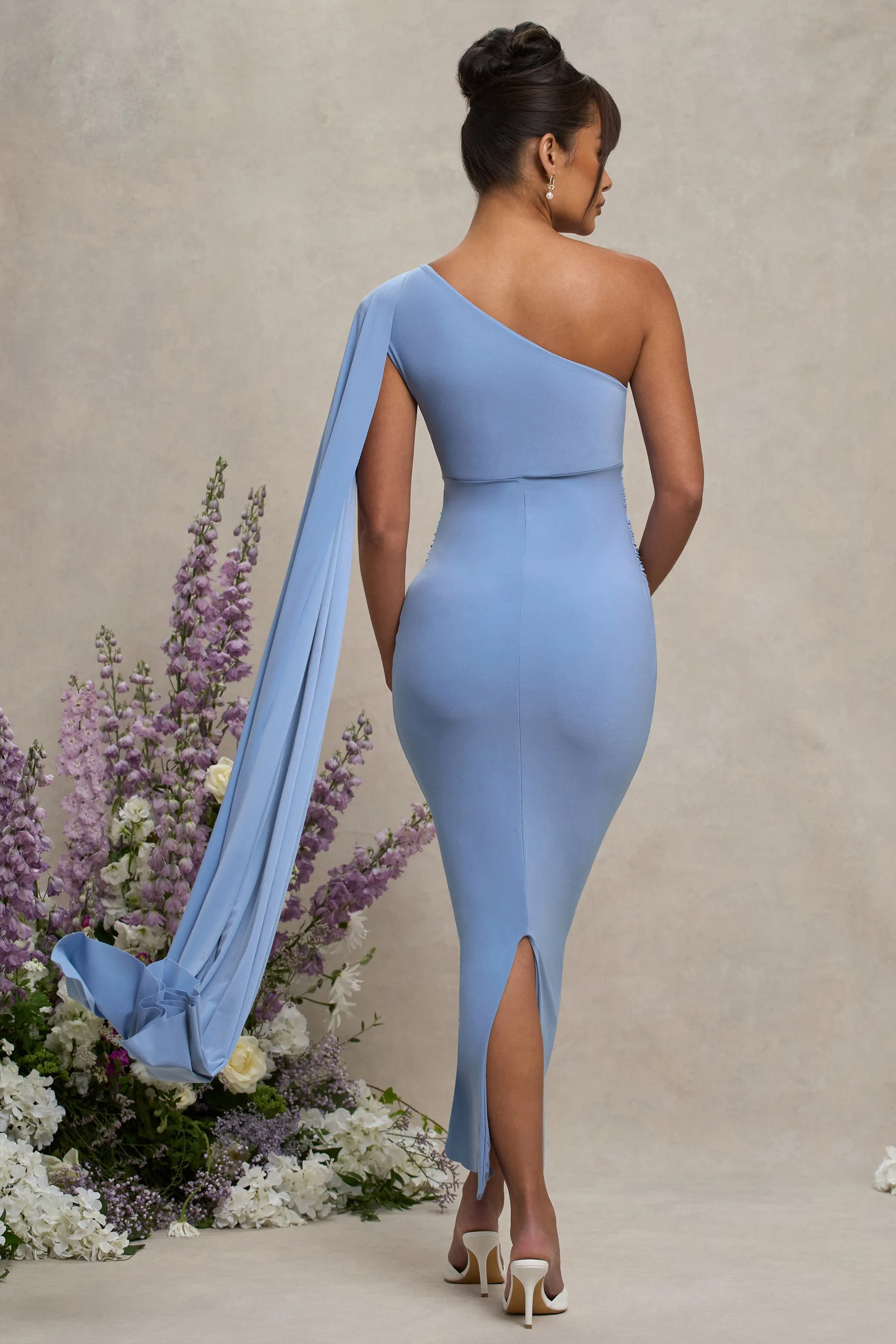 Amaryllis | Powder Blue Maternity One Shoulder Maxi Dress with Cape Sleeve