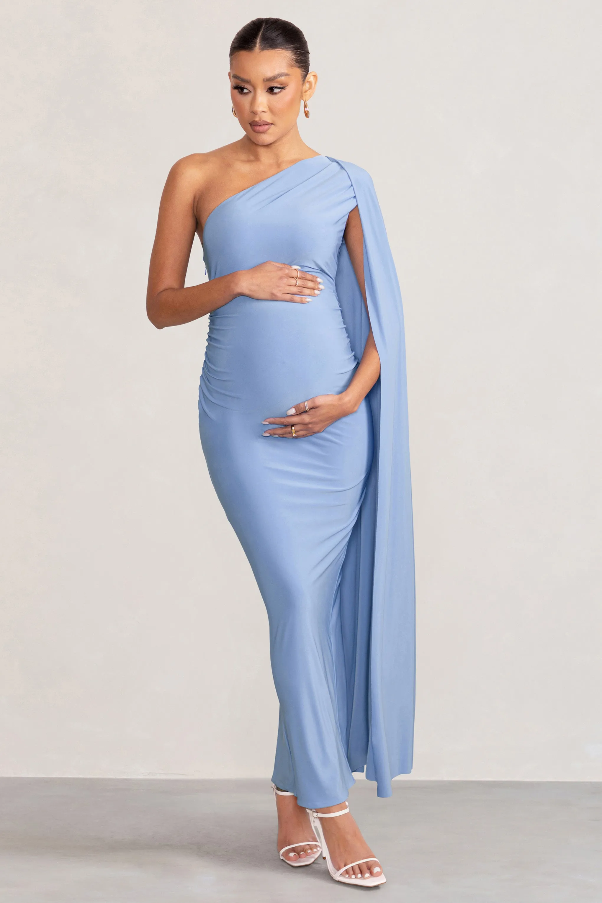 Amaryllis | Powder Blue Maternity One Shoulder Maxi Dress with Cape Sleeve