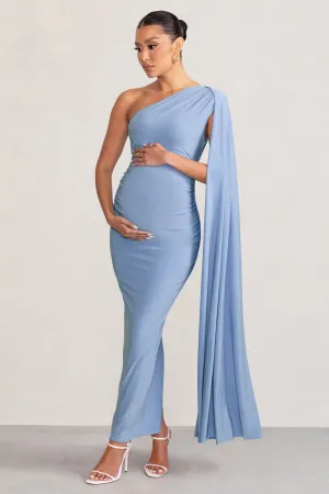 Amaryllis | Powder Blue Maternity One Shoulder Maxi Dress with Cape Sleeve