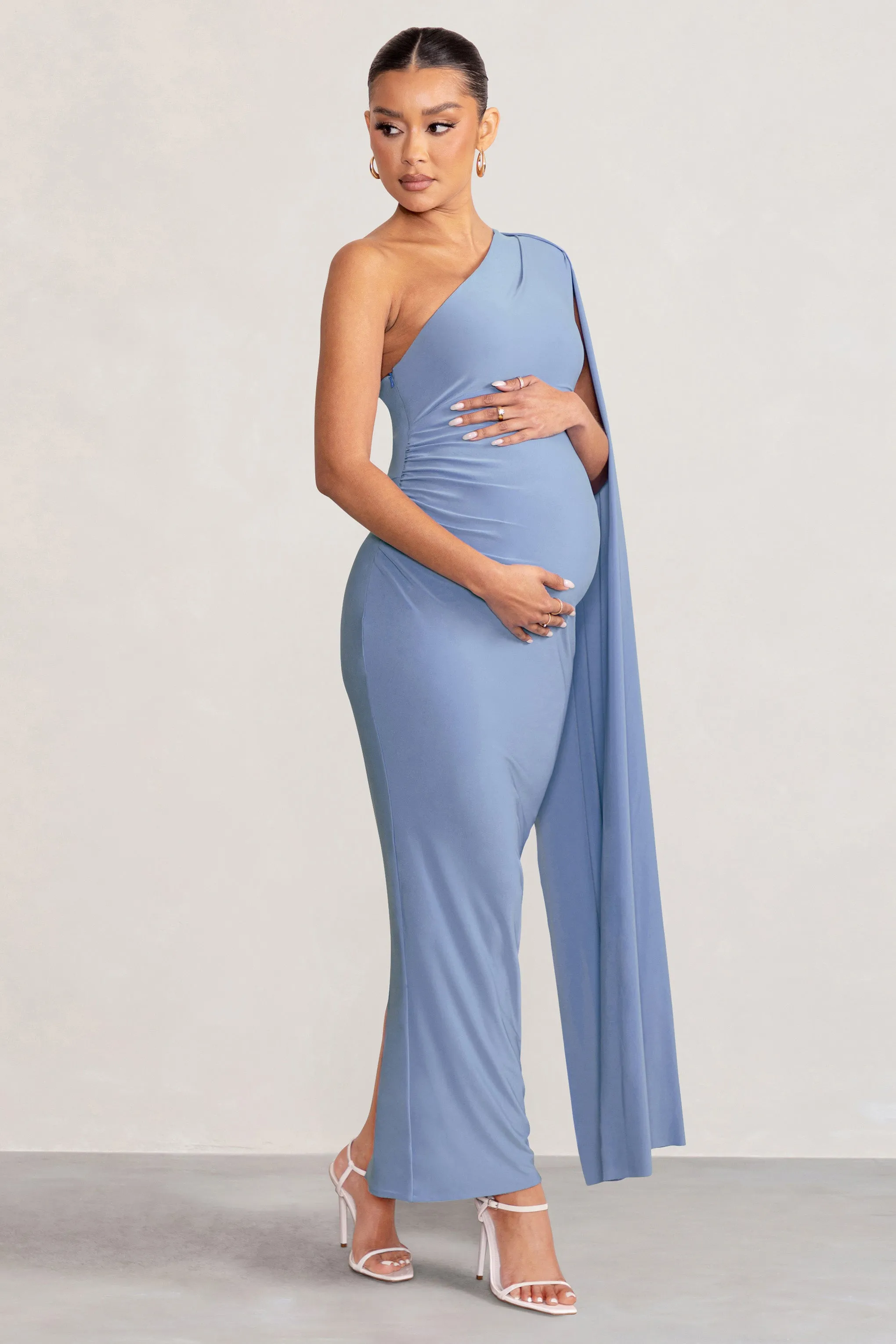 Amaryllis | Powder Blue Maternity One Shoulder Maxi Dress with Cape Sleeve