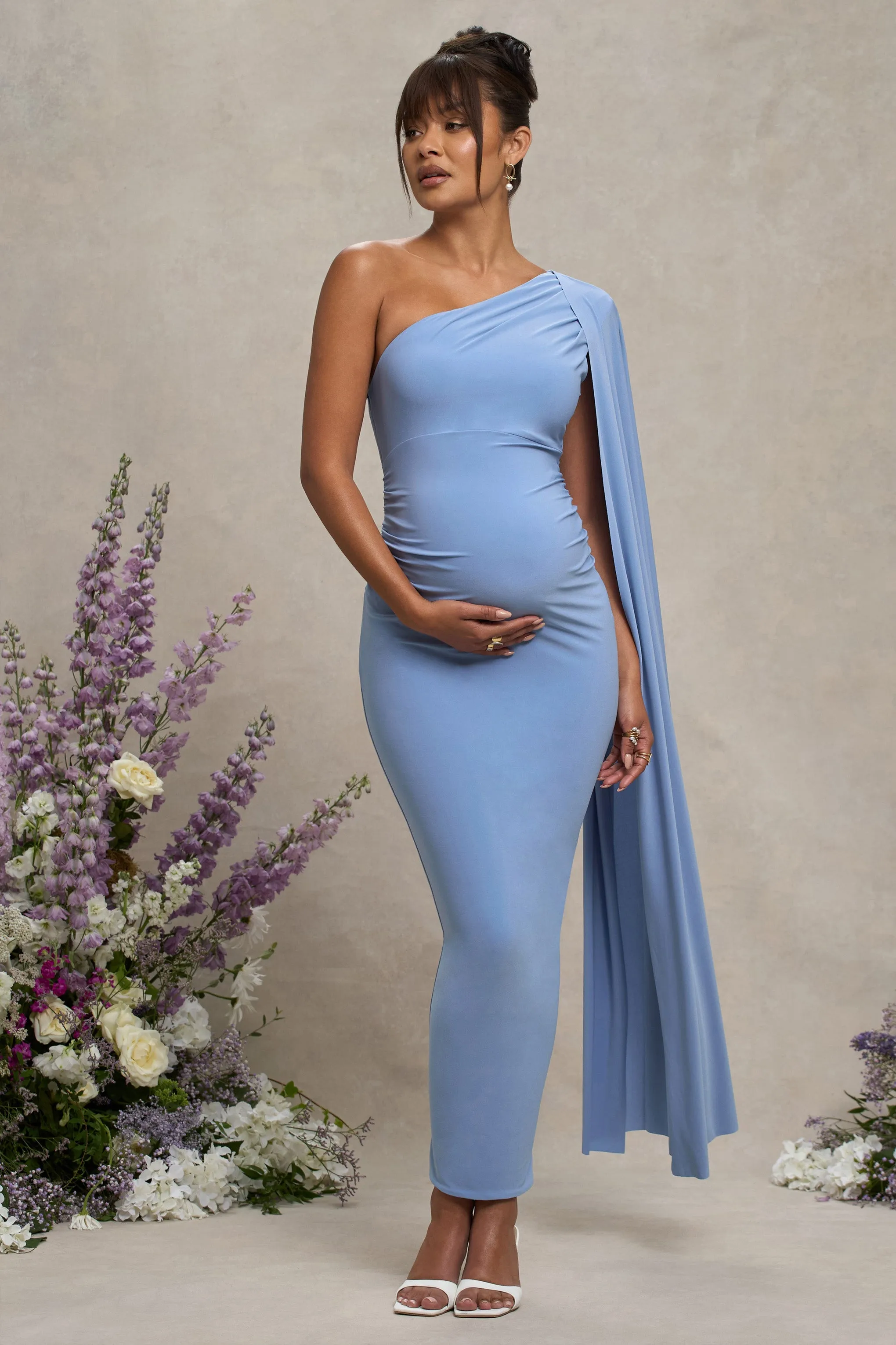 Amaryllis | Powder Blue Maternity One Shoulder Maxi Dress with Cape Sleeve