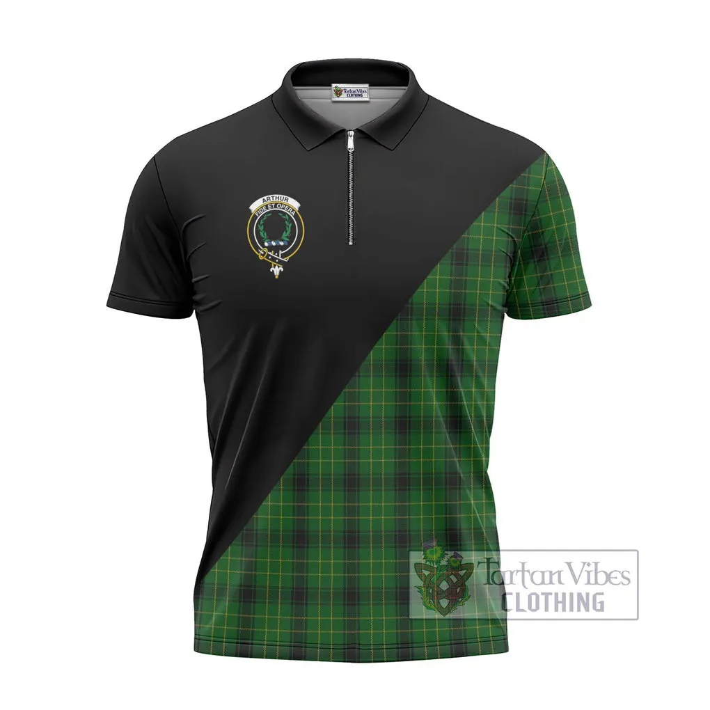 Arthur Highland Tartan Zipper Polo Shirt with Family Crest and Military Logo Style