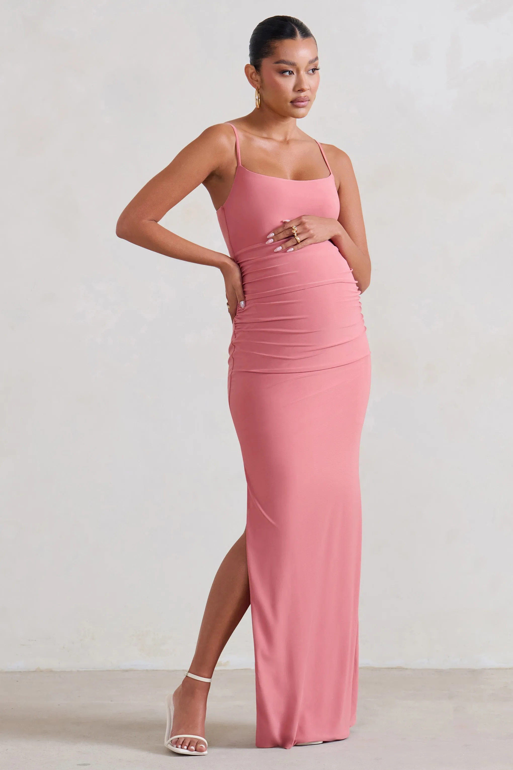 Aurelia | Pink Maternity Cami Maxi Dress With Split