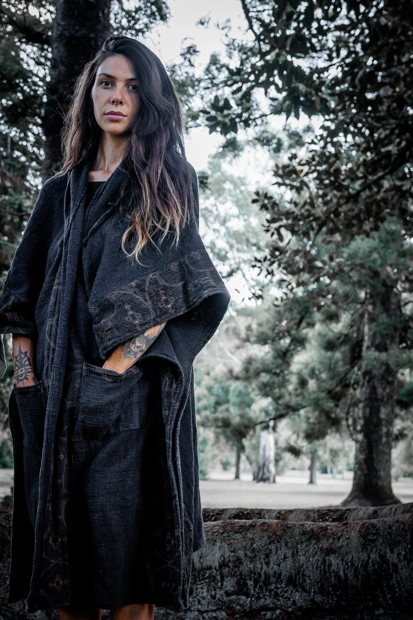 AYAWA Womens Hooded Kimono Black Cape Poncho Shipibo Sacred Patterns Ceremony Ritual Shaman Tribal Shawl Viking Festival Wrap Rave AJJAYA