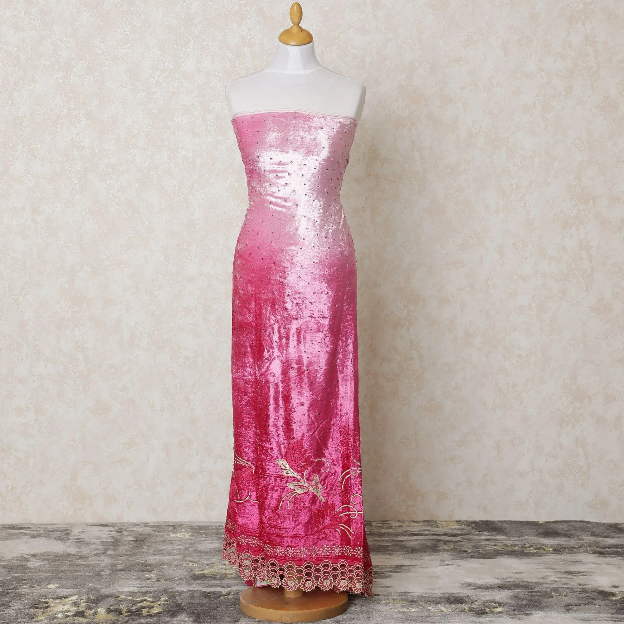 Baby pink silk blended velvet fabric with gold border guipure embroidery having stone work in fancy design-D11992