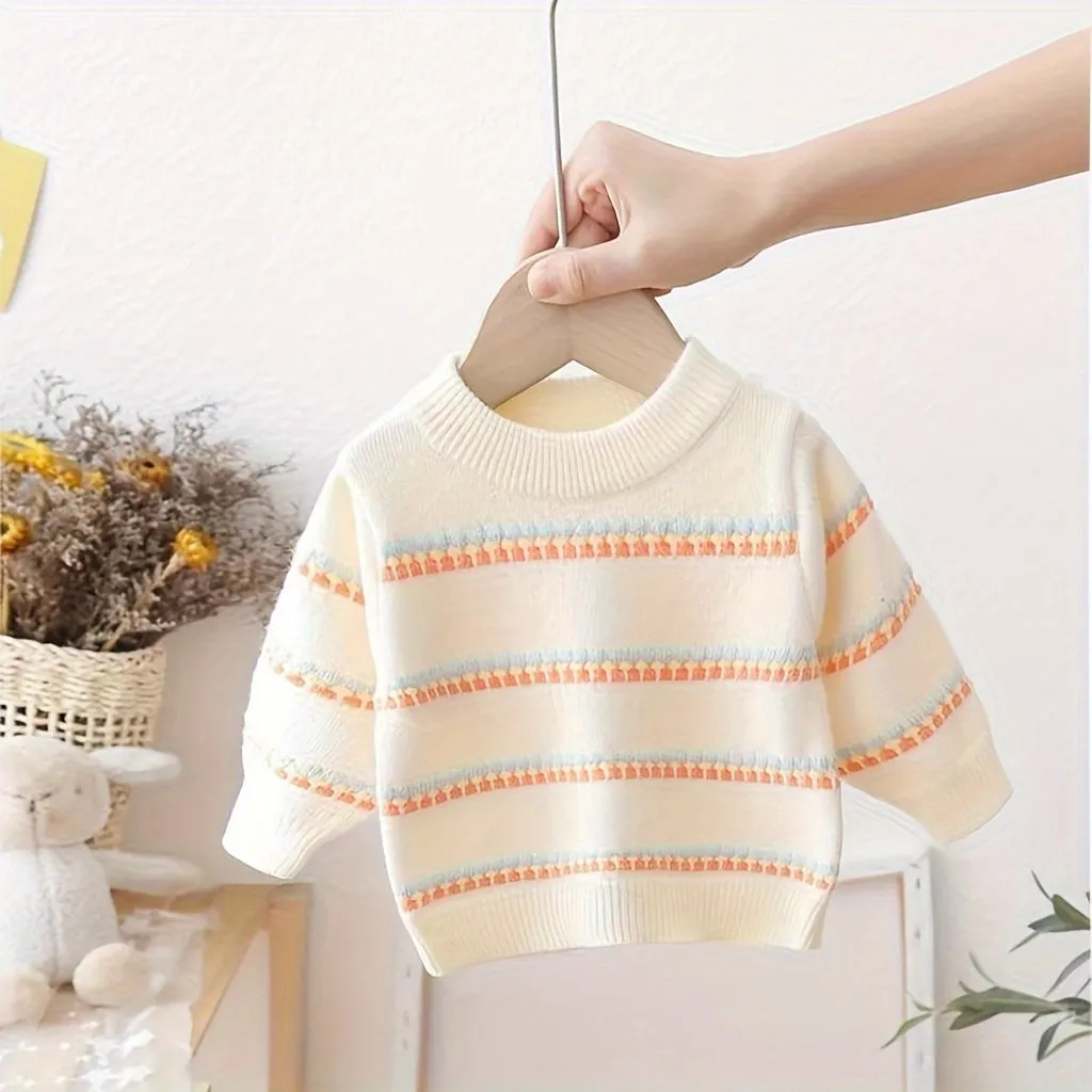 Baby's Colorful Stripe Pattern Sweater, Casual Cable Knit Long Sleeve Top, Infant & Toddler Girl's Clothing For Fall Winter