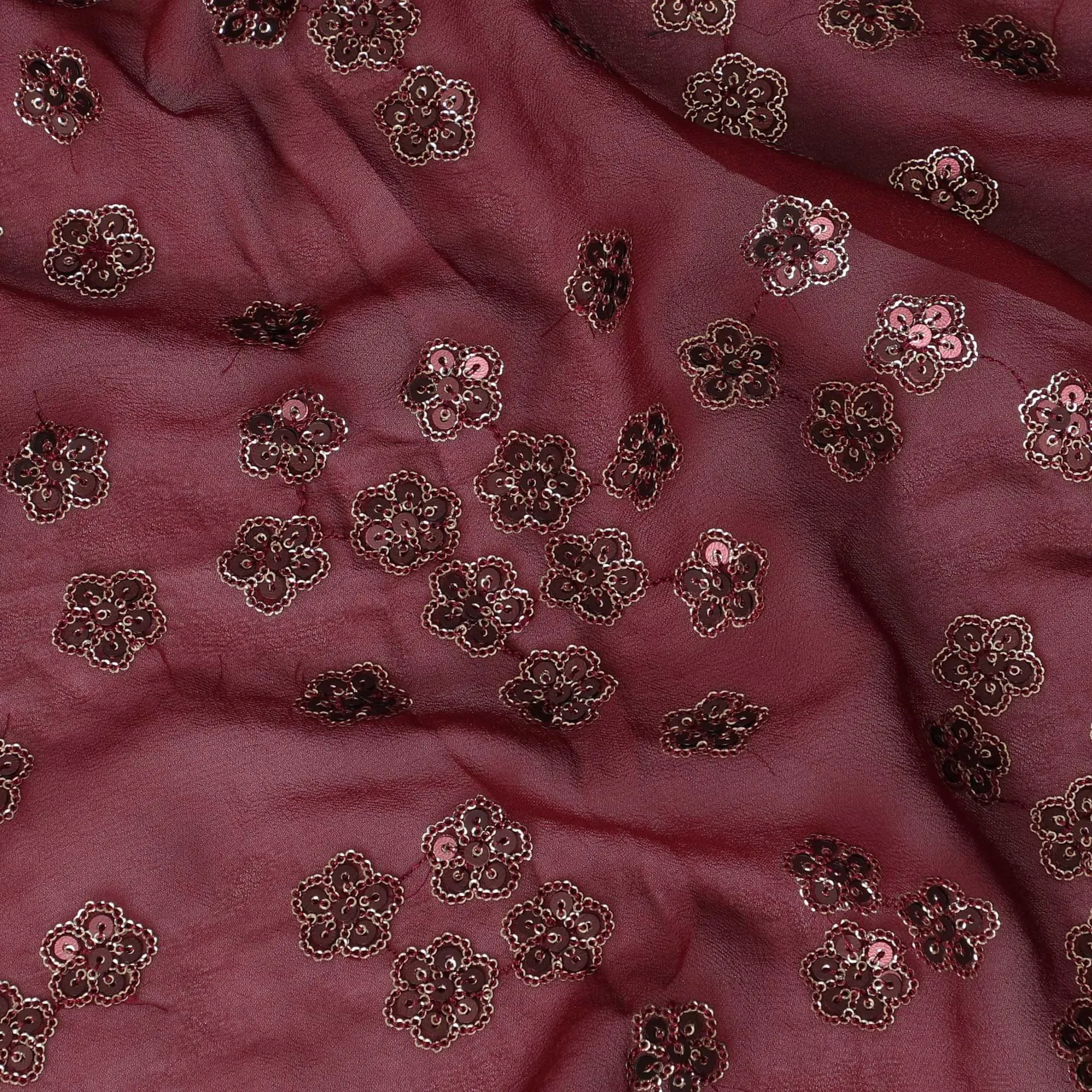 Barn red synthetic georgette fabric with gold and black sequins in floral design-D15817