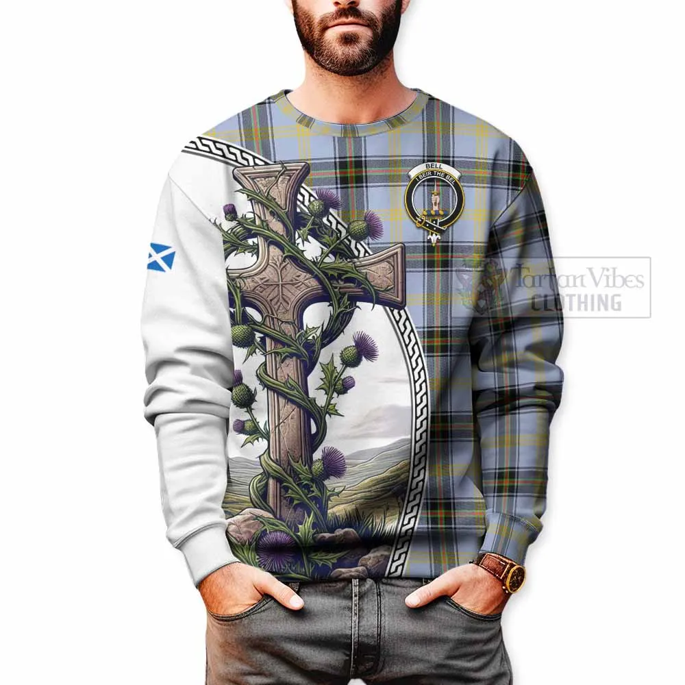 Bell Tartan Sweatshirt with Family Crest and St. Andrew's Cross Accented by Thistle Vines