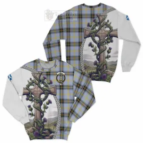 Bell Tartan Sweatshirt with Family Crest and St. Andrew's Cross Accented by Thistle Vines