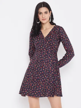 Berrylush Women Navy Blue Floral Printed Fit & Flare Wrap Mini Dress