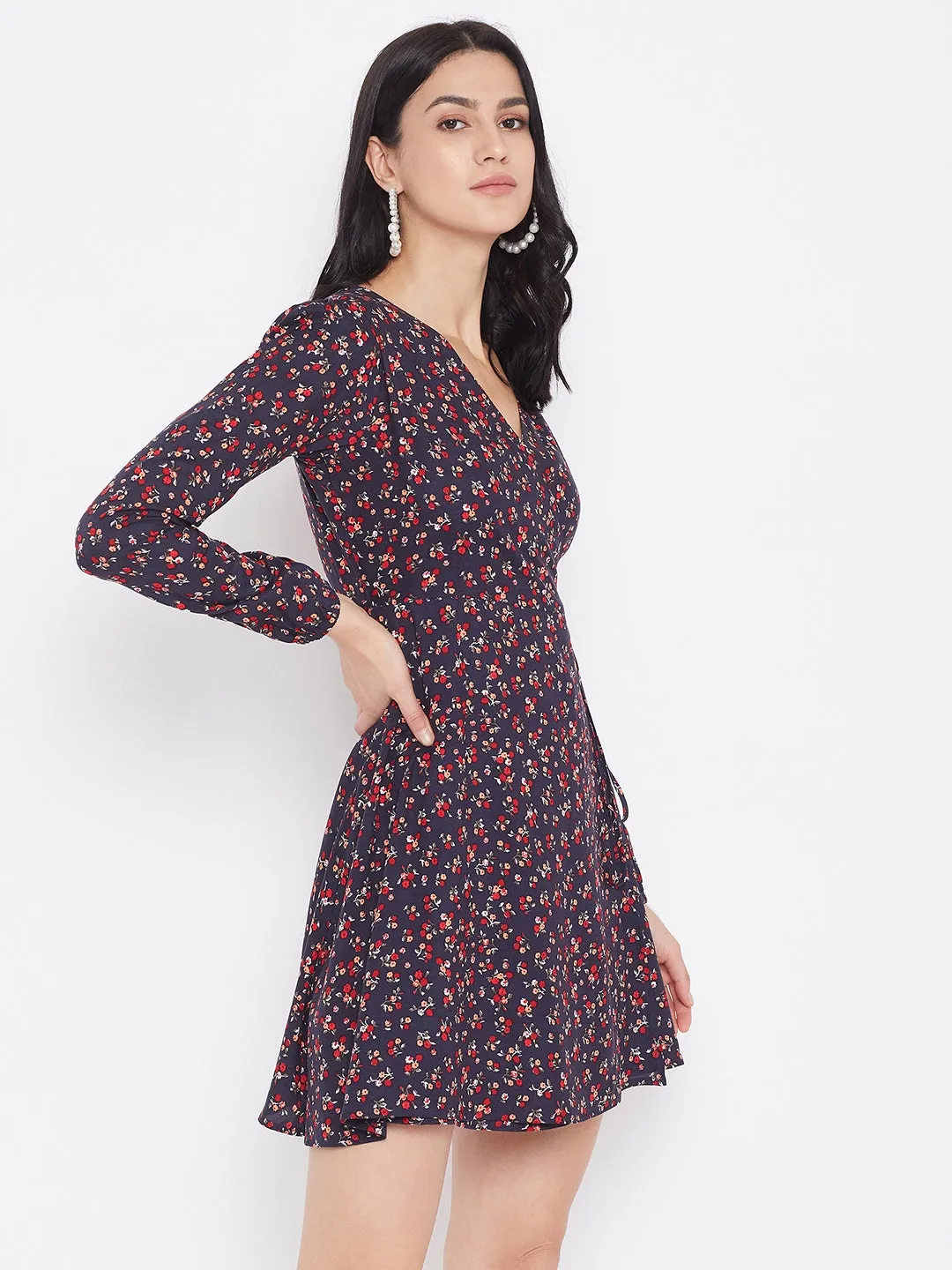 Berrylush Women Navy Blue Floral Printed Fit & Flare Wrap Mini Dress