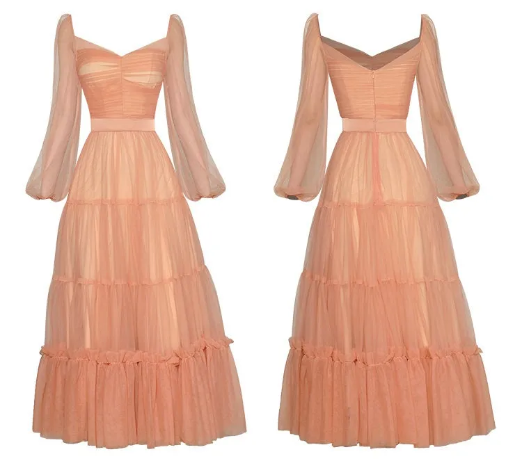 Bishop long sleeves pleated bodice layered skirt ankle length tulle prom dress