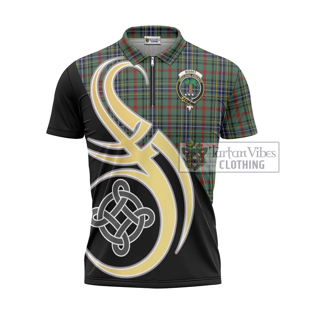 Bisset Tartan Zipper Polo Shirt with Family Crest and Celtic Symbol Style