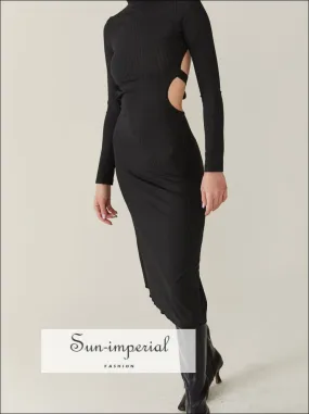 Black Backless Long Sleeve Ribbed Midi Dress with Mock Turtleneck Low back and Tie detail