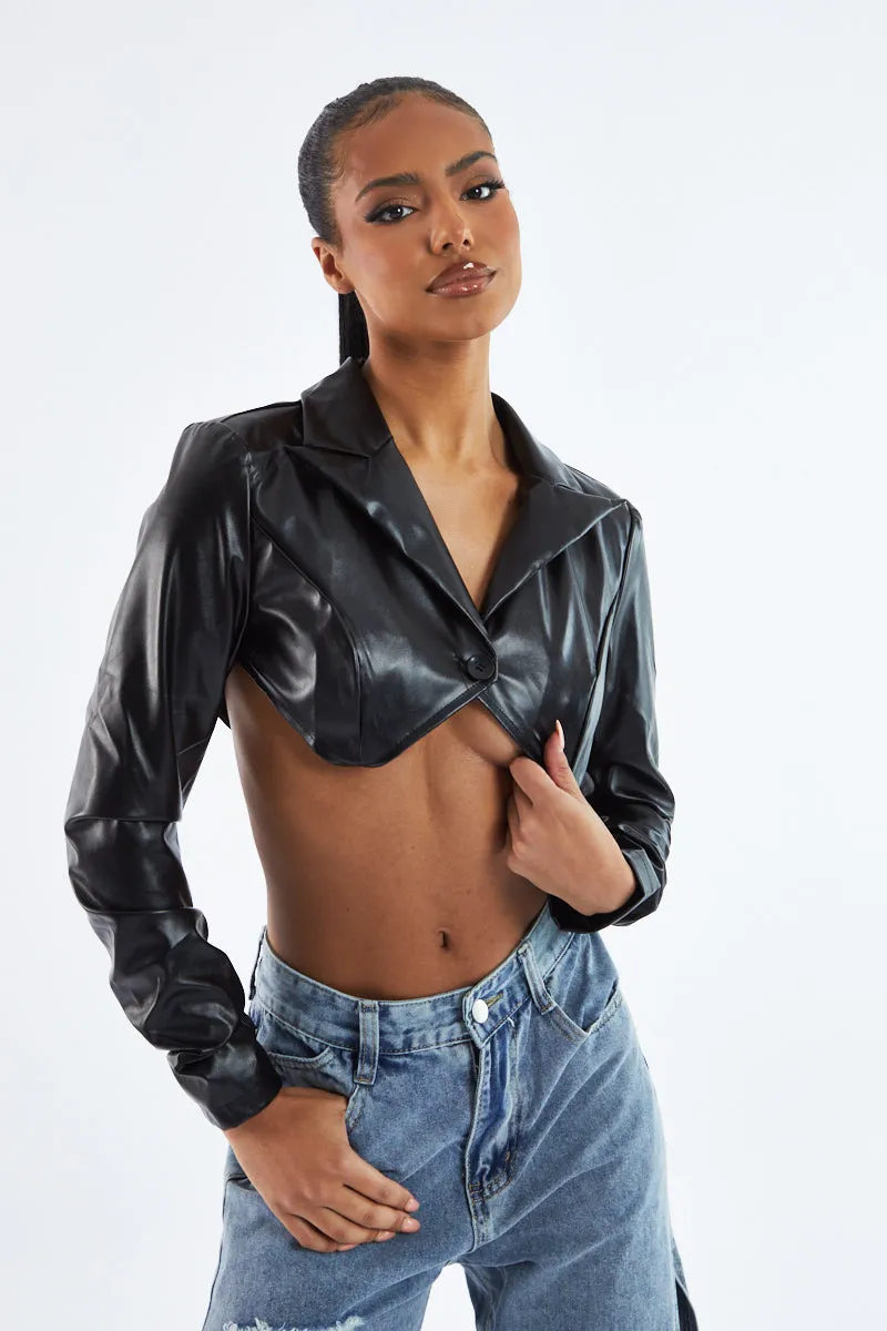 Black Faux Leather Cropped Blazer - Nyra