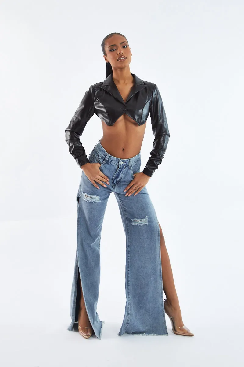 Black Faux Leather Cropped Blazer - Nyra