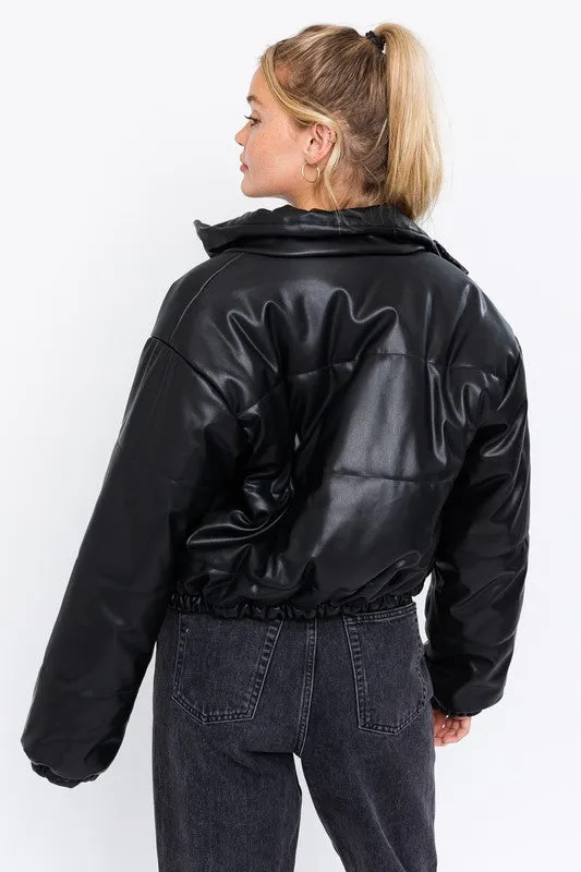 Black Faux Leather Puffer Jacket