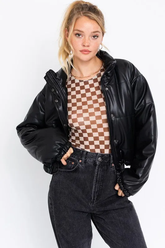 Black Faux Leather Puffer Jacket