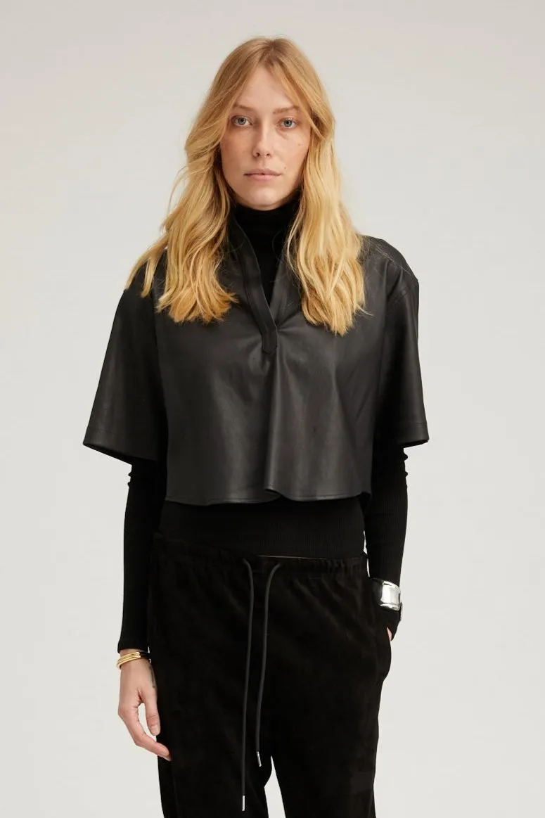 Black Leather Cropped Oversized Henley Shirt