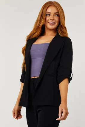 Black Open Front Rolled Button Sleeve Blazer