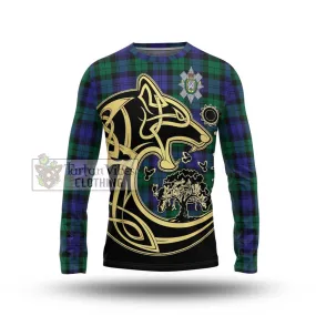 Black Watch Modern Tartan Long Sleeve T-Shirt with Family Crest Celtic Wolf Style