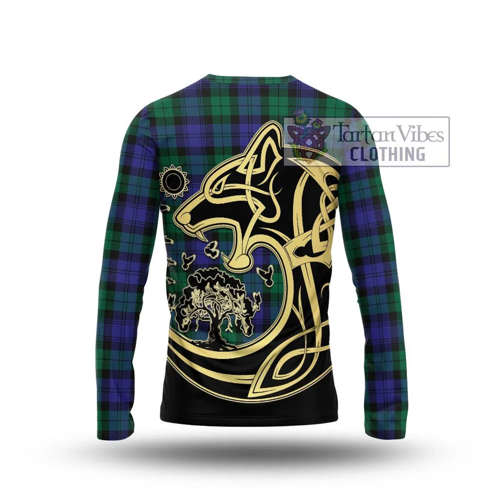 Black Watch Modern Tartan Long Sleeve T-Shirt with Family Crest Celtic Wolf Style