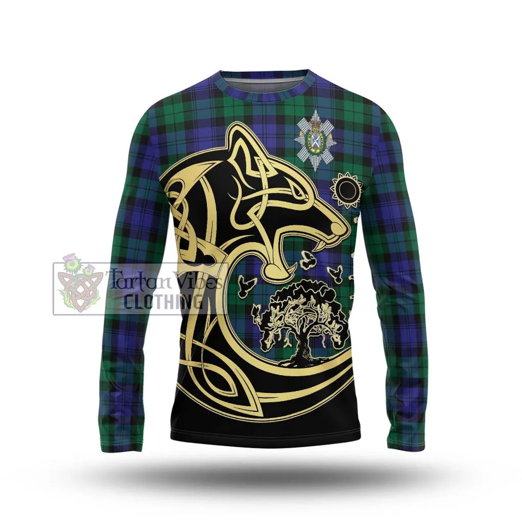 Black Watch Modern Tartan Long Sleeve T-Shirt with Family Crest Celtic Wolf Style