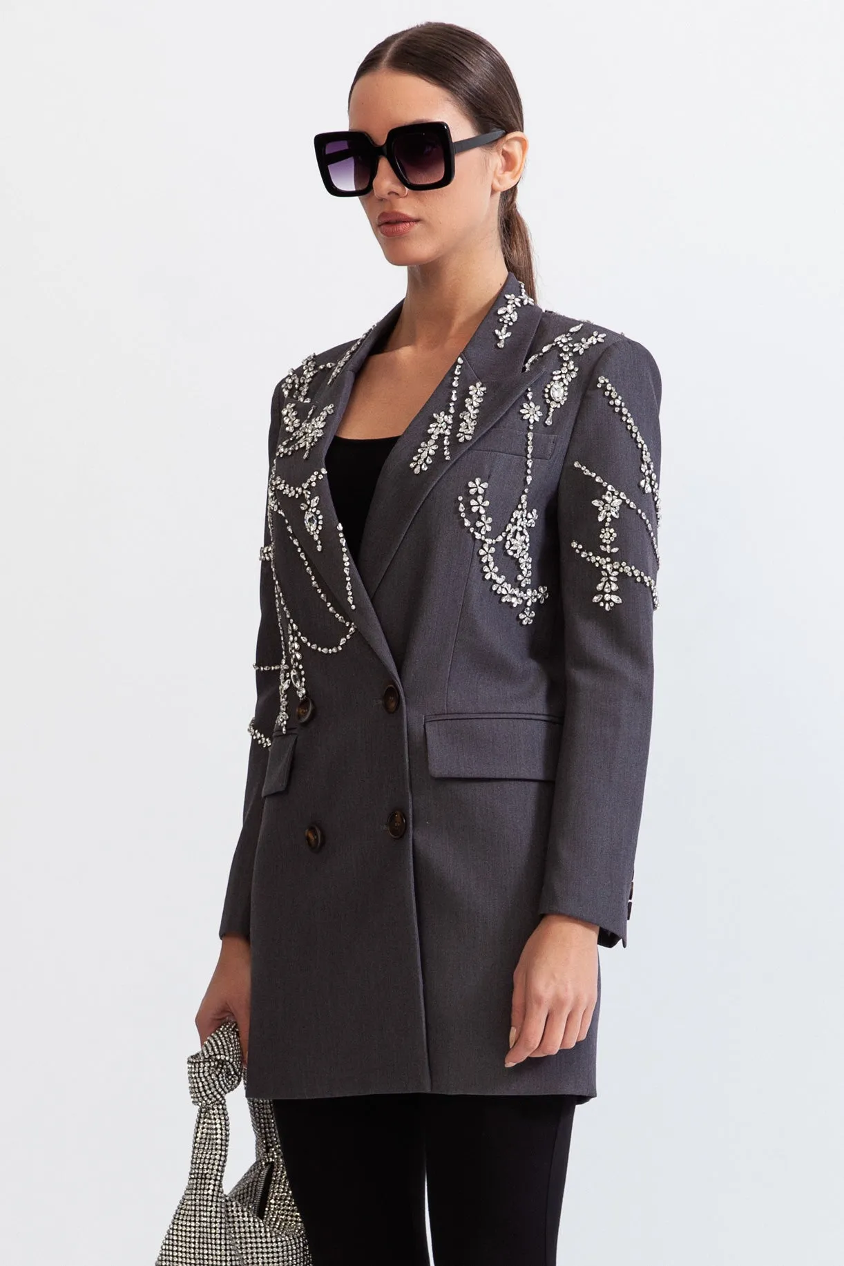 Blazer Long Avec Bijoux - Gris