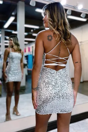 Bodycon Ties Back Silver Sequins Homecoming Dress