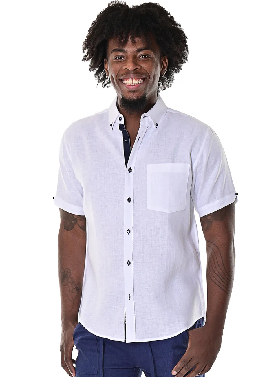 Bohio Men's 100% Linen Short Sleeve Shirt w/Pocket & Contrast Buttons in (2) Colors-MLS1554